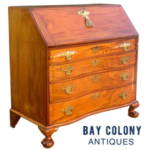 18th C Antique Boston Mahogany Chippendale Oxbow Desk W/ Ball & Claw Feet