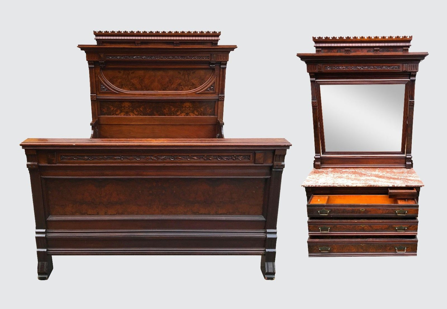 OUTSTANDING BLACK & BURLED WALNUT 2 PC VICTORIAN BEDROOM SET WITH MARBLED TOP