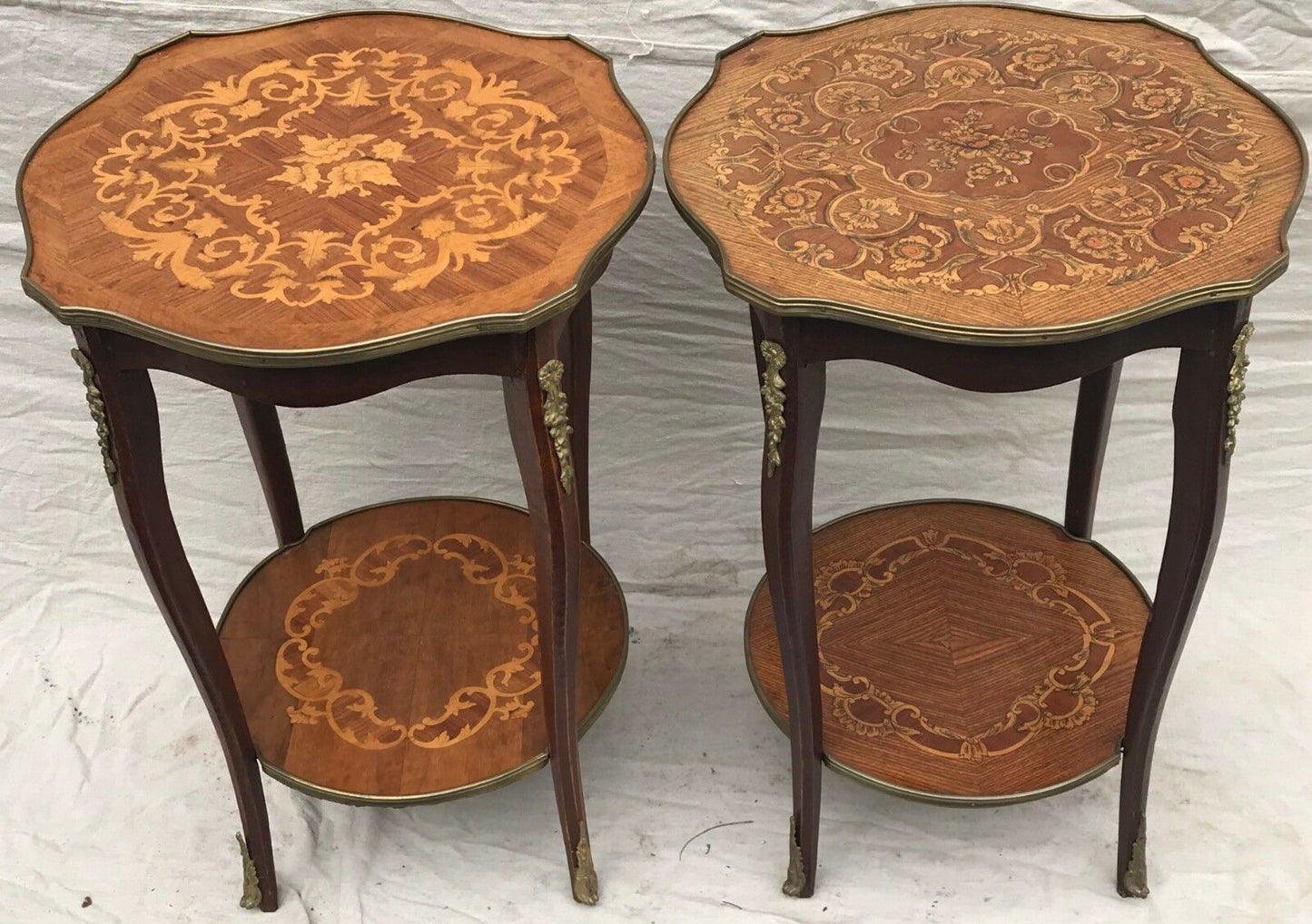 EARLY 20TH C FRENCH LOUIS XV STYLE MARQUETRY END TABLES W/ FLORAL BRASS MOUNTS