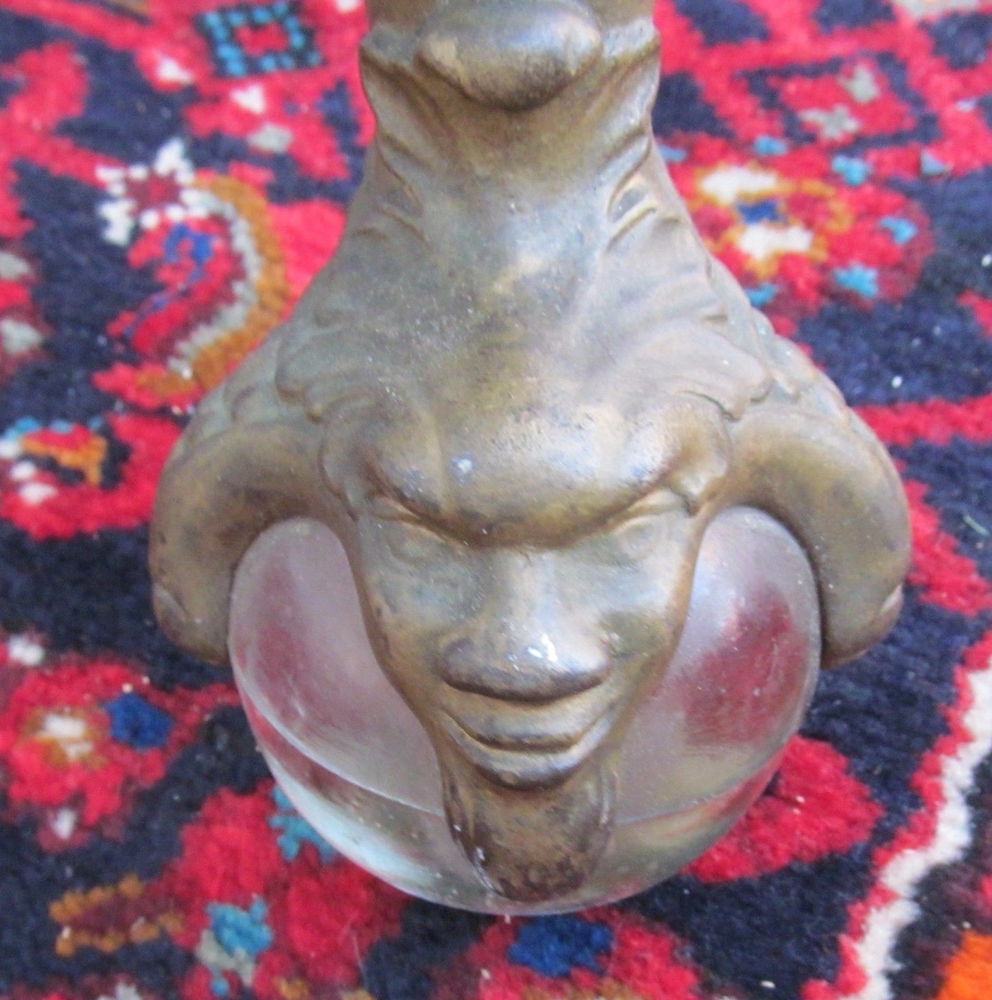 VICTORIAN TIGER OAK PARLOR TABLE WITH GLASS BALL & CAST IRON GROTESQUE HEAD FEET