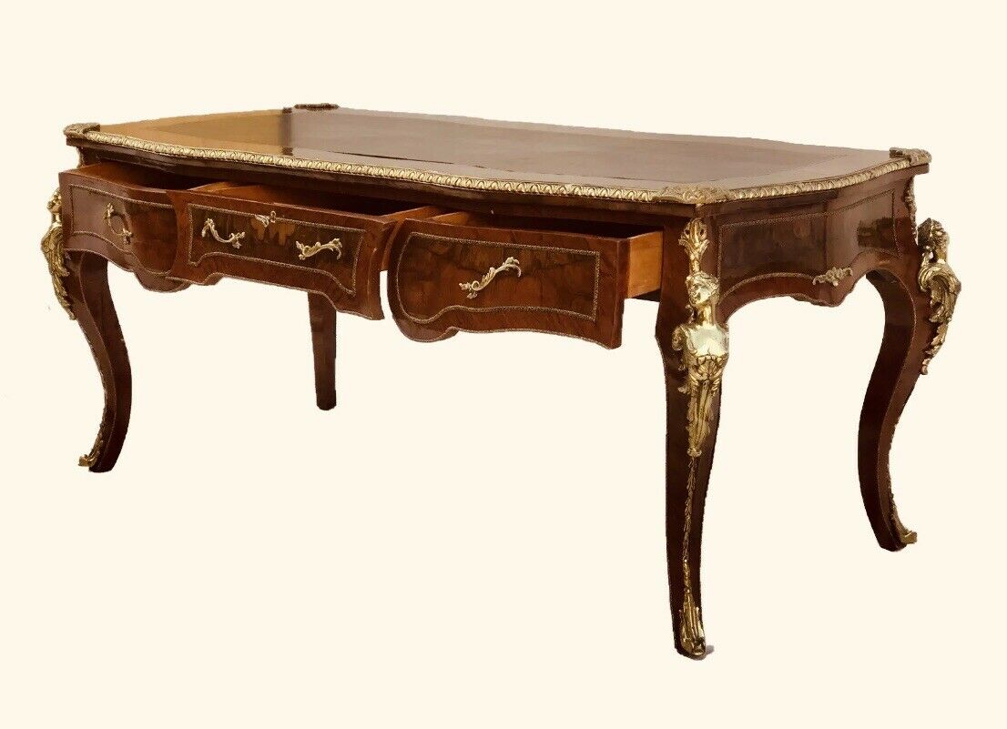 EARLY 20TH CENTURY FRENCH LOUIS XV ANTIQUE STYLE LEATHER TOP BUREAU PLAT DESK