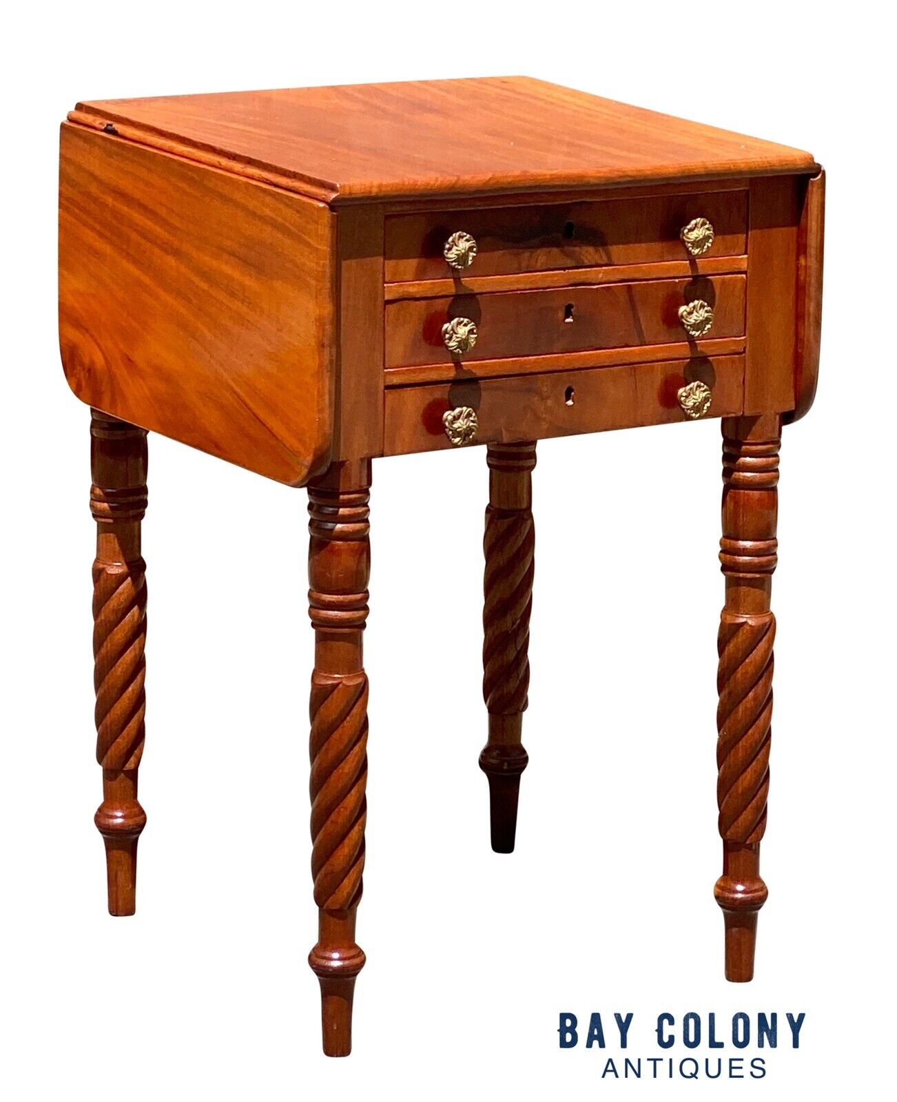 19th C Antique Mahogany 3 Drawer Worktable / Nightstand with Rope Carved Legs