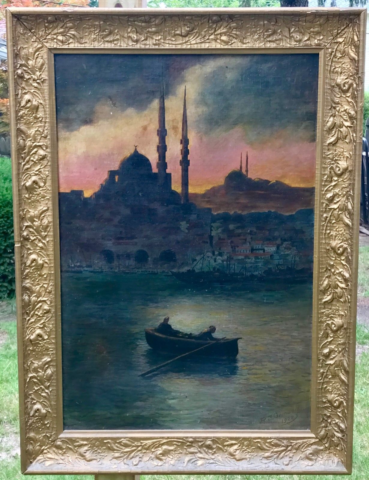 1922 RJ GRUNWALD OIL ON CANVAS VIEW OF ISTANBUL HARBOR ORIENTALIST SCENE - RARE