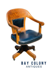 Load image into Gallery viewer, 19TH C ANTIQUE VICTORIAN TIGER OAK LEATHER SEAT SWIVEL OFFICE DESK CHAIR
