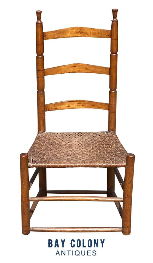 18th C Antique Queen Anne Maple & Ash Ladderback Chair W/ Splint Seat