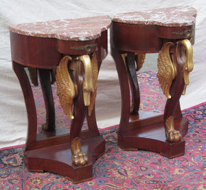 PAIR OF FRENCH NAPOLEONIC STYLED MARBLE TOP NIGHTSTANDS WITH GOLD FIGURAL SWANS