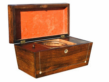 Load image into Gallery viewer, 19TH C ANTIQUE ROSEWOOD &amp; MOTHER OF PEARL SARCOPHAGUS FORM TEA CADDY