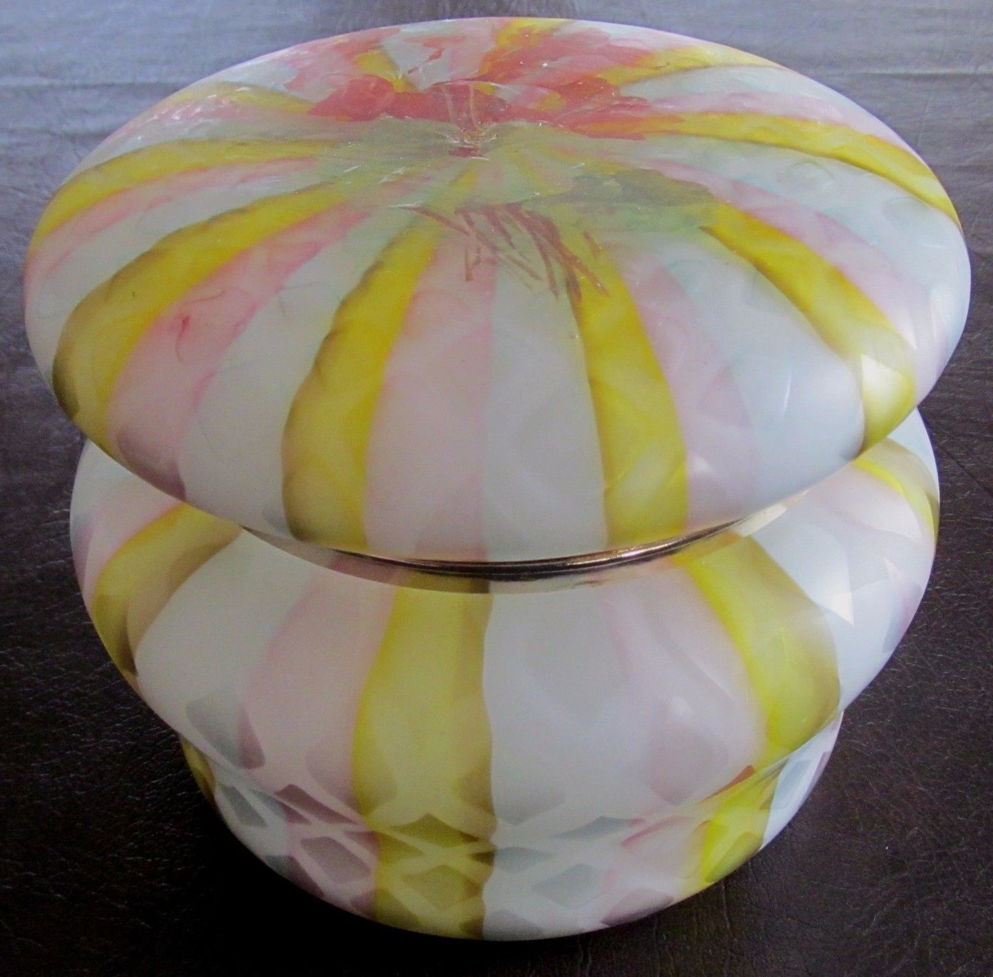 SANDWICH SATIN GLASS TRINKET BOX WITH COLORFUL SWIRLED PATTERNS