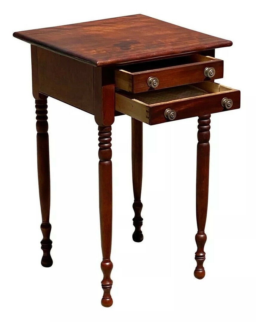 19TH C ANTIQUE SHERATON CHERRY & BIRDS EYE MAPLE WORK TABLE / NIGHTSTAND