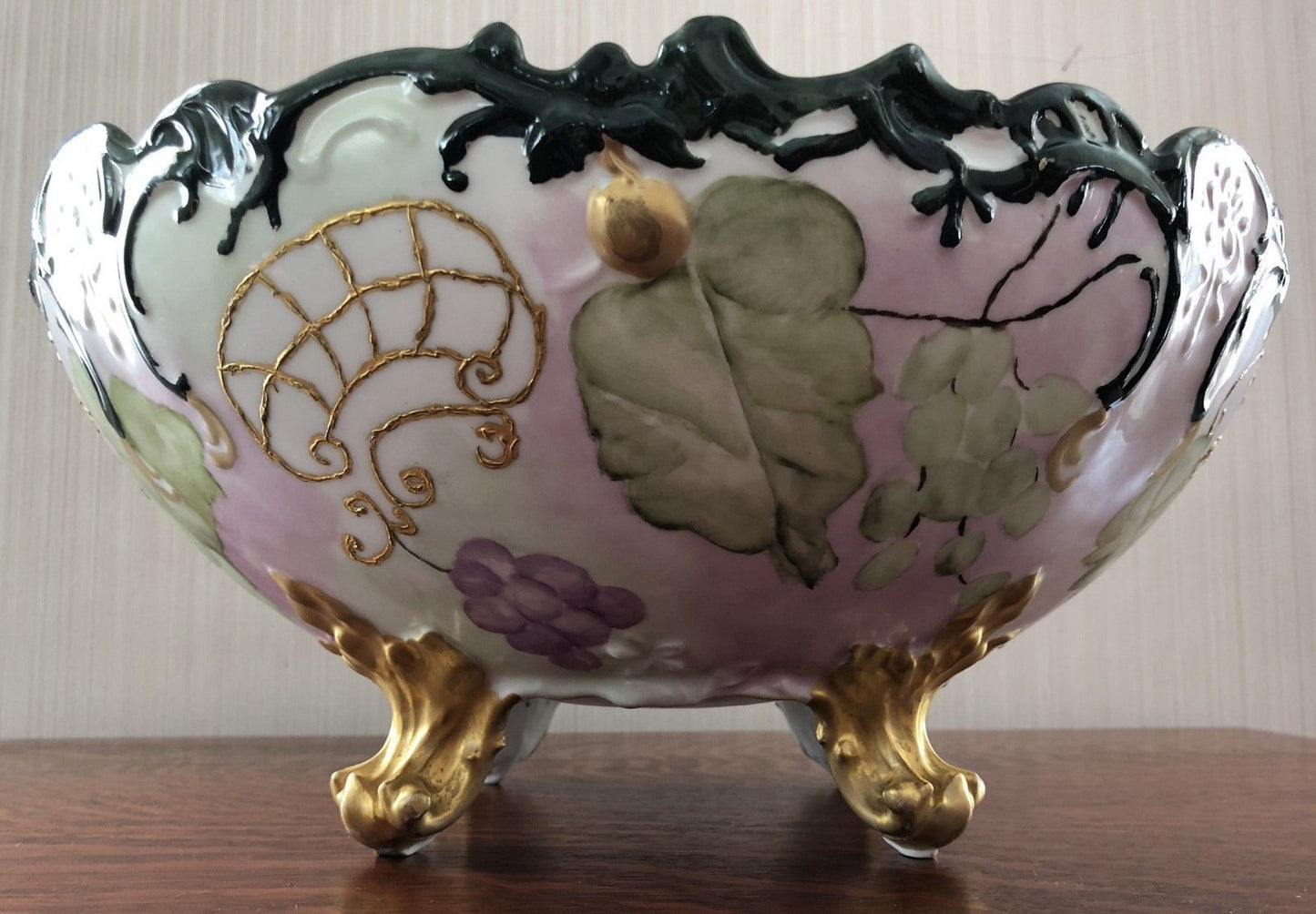 LIMOGES PUNCH BOWL ON GOLD GILT FOLIATE TRI POD FOOTED BASE