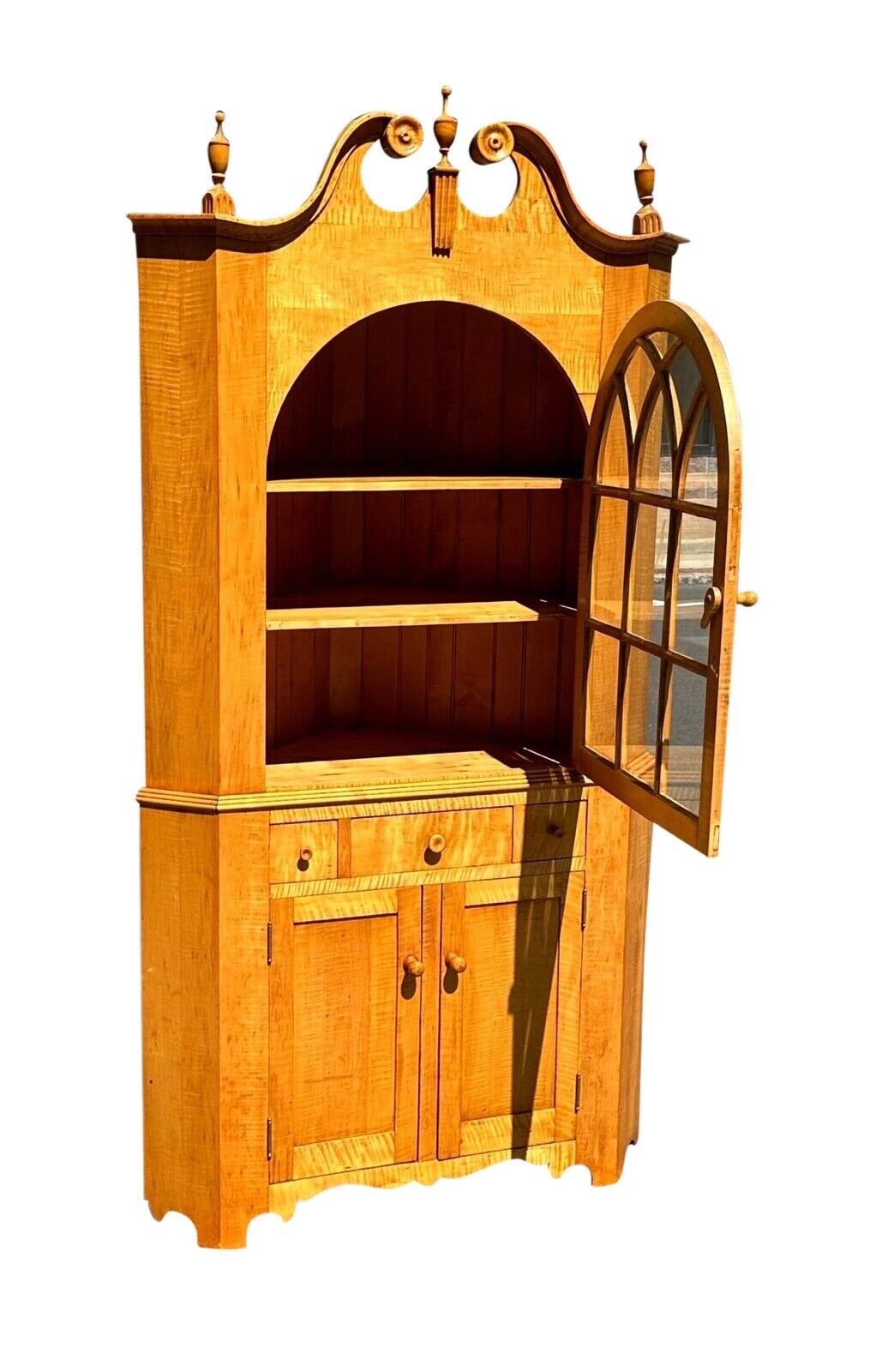 Federal Style Tiger Maple Two Piece Corner Cabinet With Arched Door & Bold Grain