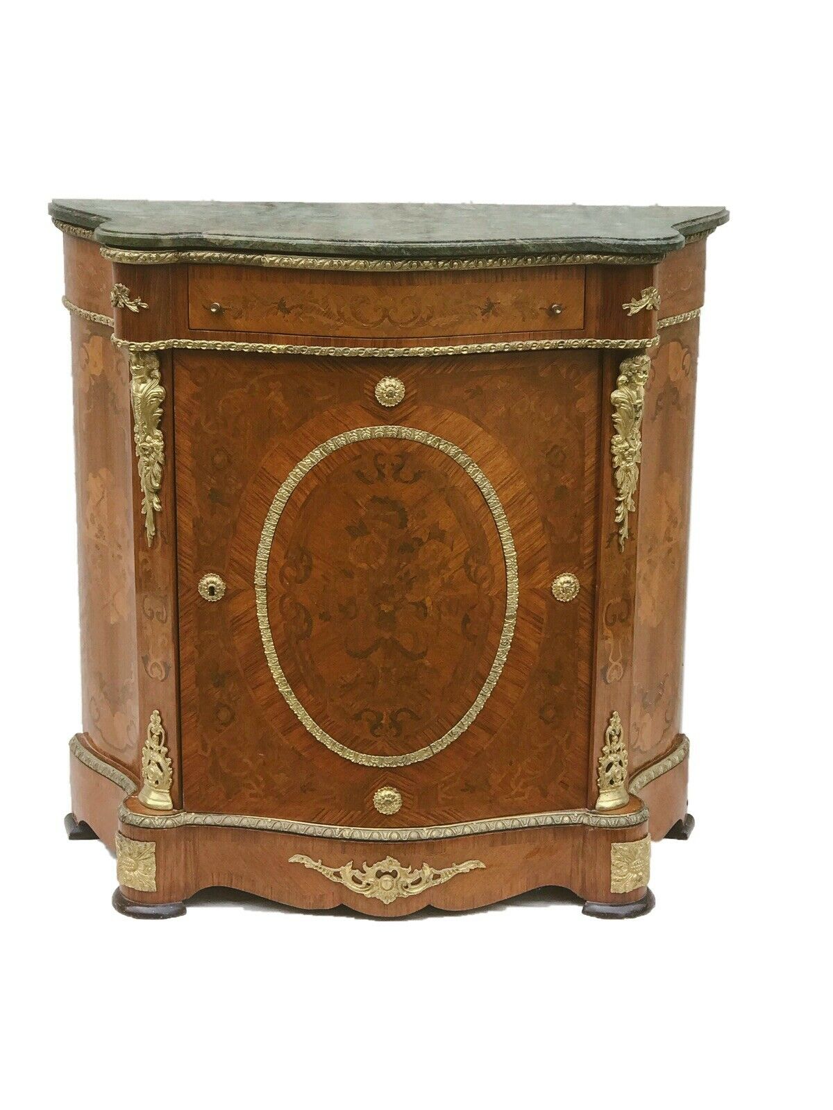 20TH C FRENCH LOUIS XV ANTIQUE STYLE MARBLE TOP MARQUETRY CONSOLE / CABINET