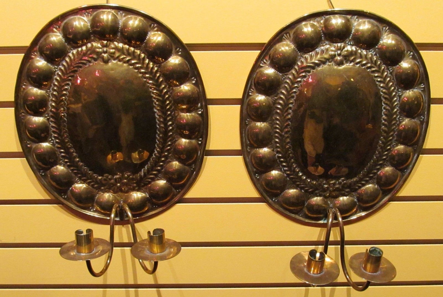 18TH CENTURY PAIR OF BRASS WALL SCONCES WITH FINE EMBOSSING