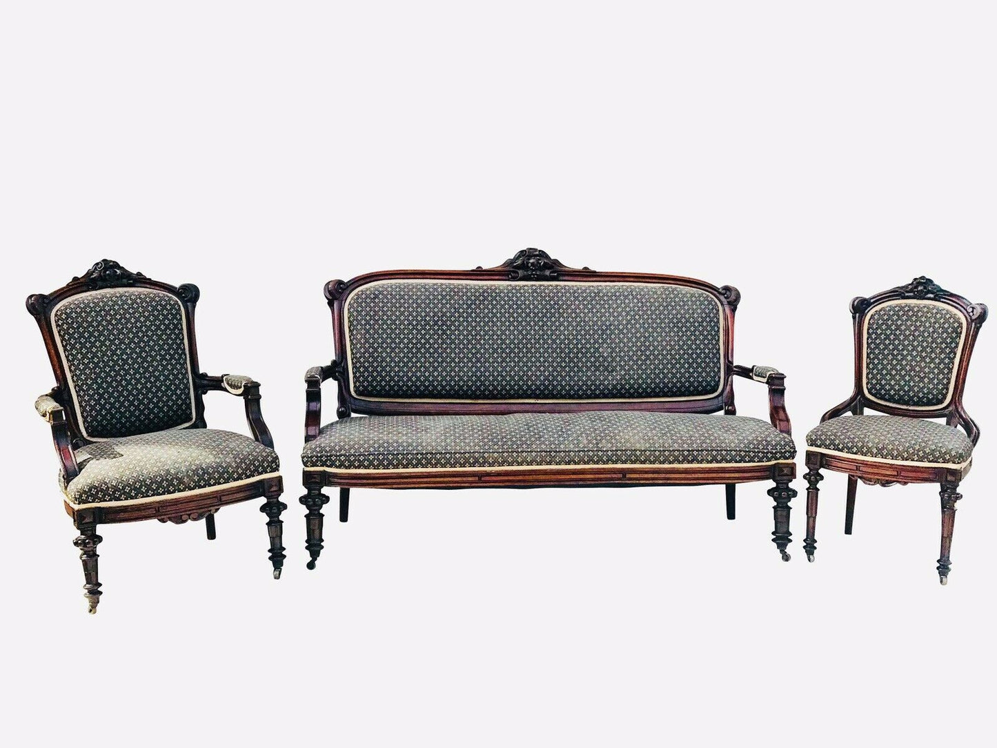 19TH CENTURY ANTIQUE VICTORIAN 3 PC PARLOR SET ~ COUCH / SOFA & PAIR OF CHAIRS