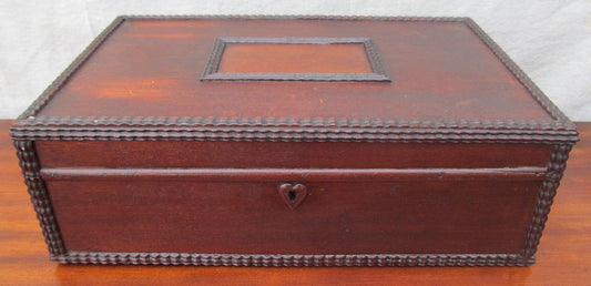 LOVELY FEDERAL PERIOD MAHOGANY RIBBON CARVED BOX WITH HEART SHAPED ESCUTCHEON