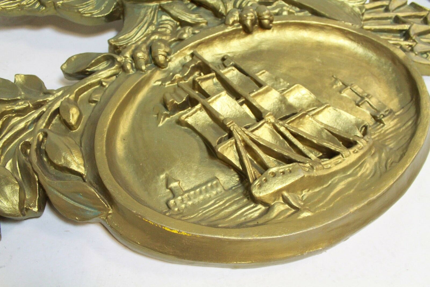 NAUTICAL LARGE PAIR OF GOLD GILT EAGLES OVER CLIPPERSHIP PLAQUES MERCANTILE