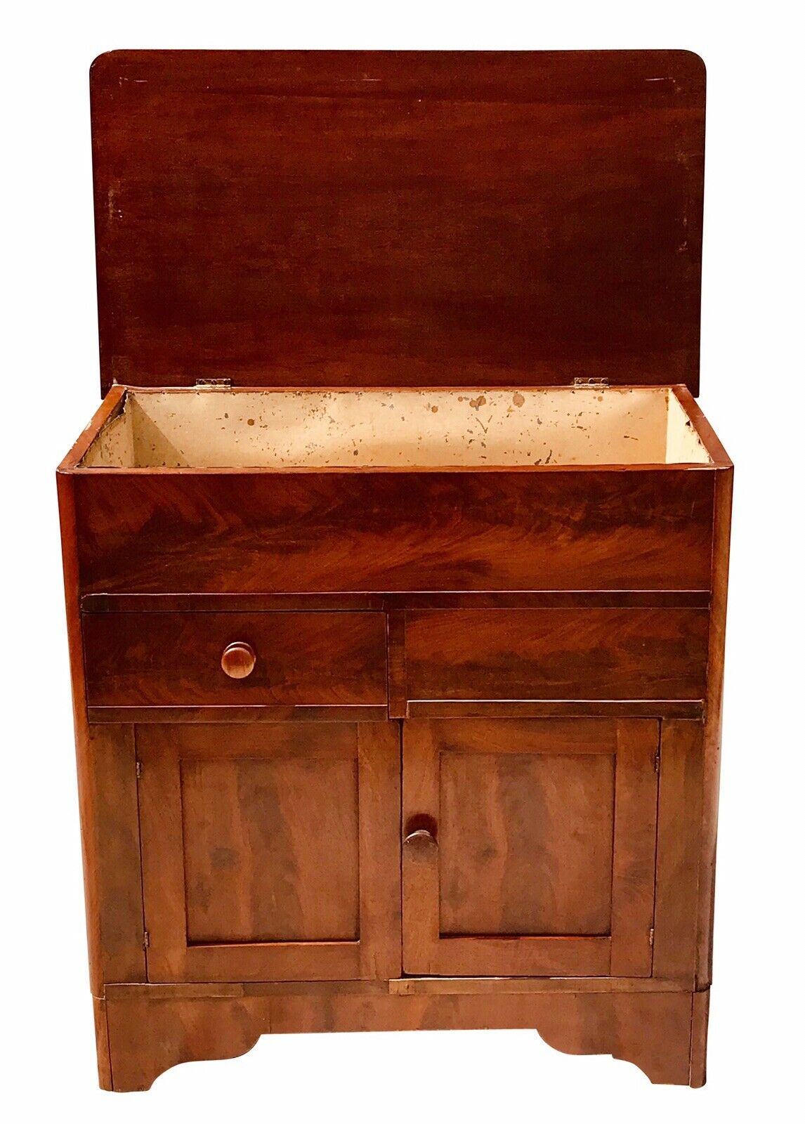 19TH C ANTIQUE AMERICAN EMPIRE MAHOGANY LIFT TOP COMMODE / WASH STAND