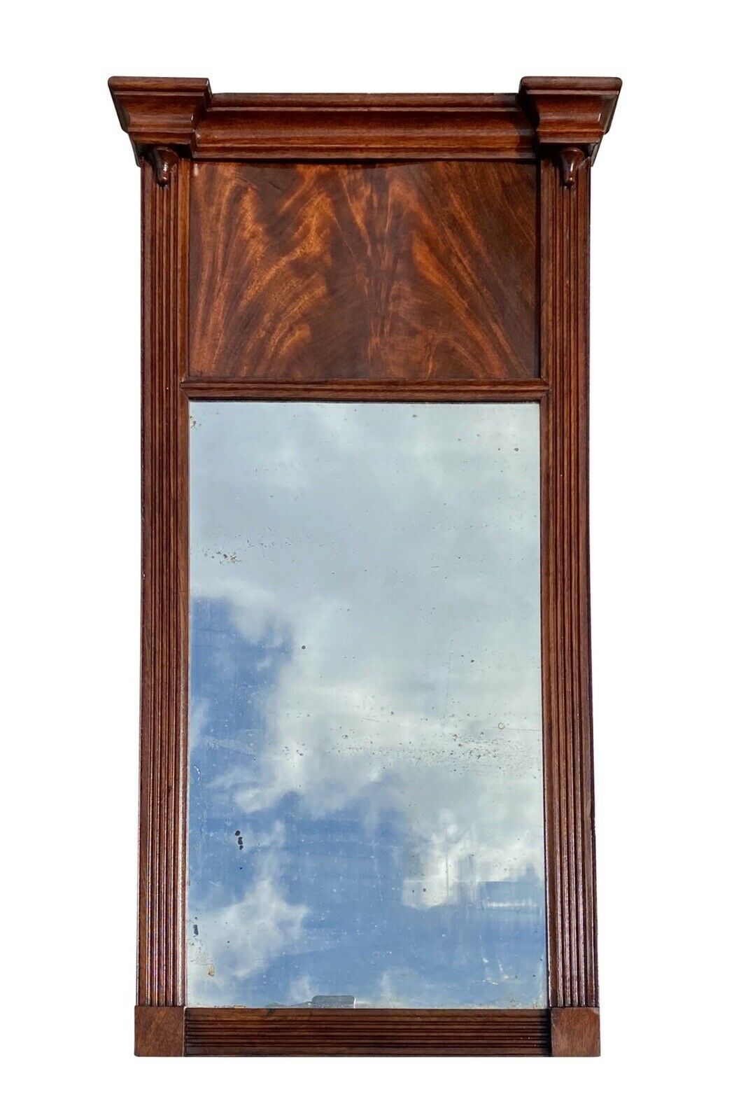 19th C Antique Federal Mahogany Wall Mirror - Rare Mahogany Panel
