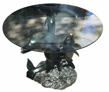 Load image into Gallery viewer, 20TH C MAX TURNER GLASS TOP BRONZE MONUMENTAL NAUTICAL THREE DOLPHIN TABLE