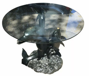 20TH C MAX TURNER GLASS TOP BRONZE MONUMENTAL NAUTICAL THREE DOLPHIN TABLE
