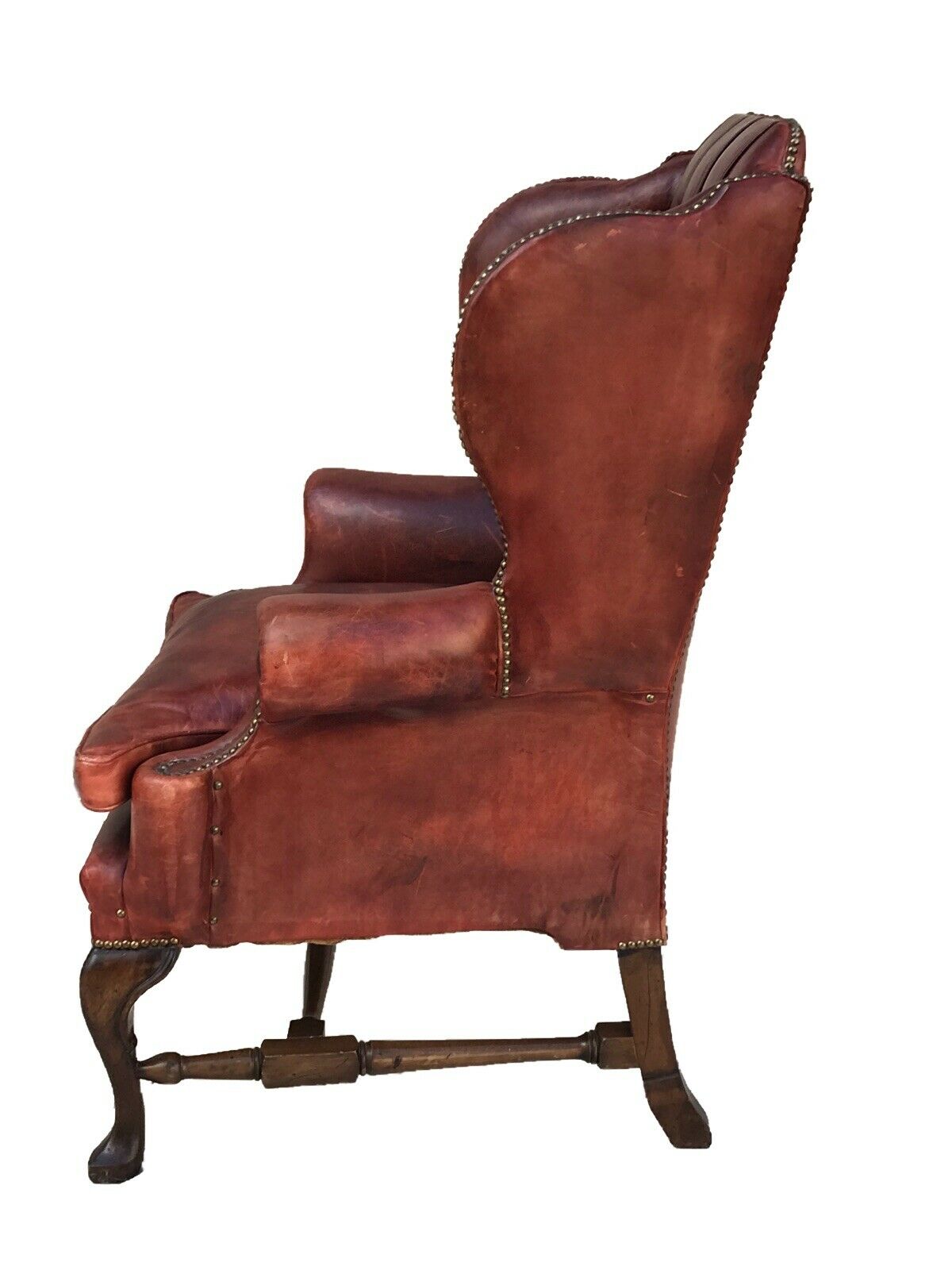 EARLY 20TH C ANTIQUE STYLE OX BLOOD RED TUFTED LEATHER LIBRARY ARM CHAIR