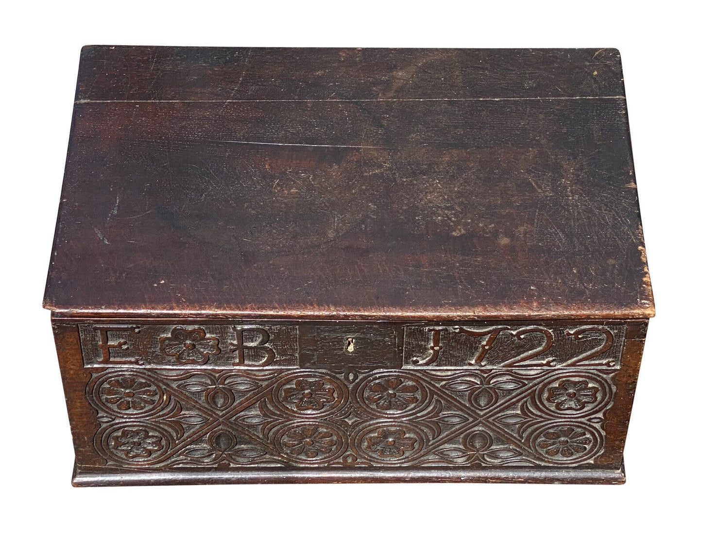 18th C Antique William & Mary Period Carved Oak Bible Box Dated 1722