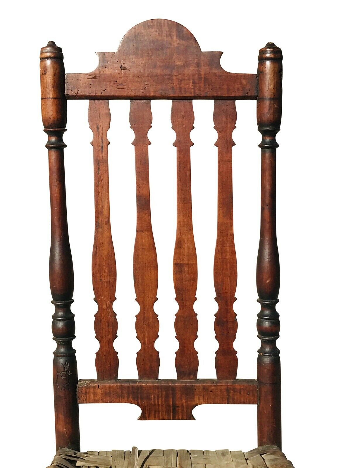 18TH C ANTIQUE COUNTRY PRIMITIVE WILLIAM & MARY TIGER MAPLE BANISTER BACK CHAIR