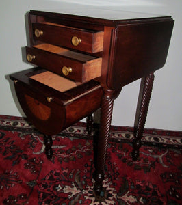 SHERATON STYLE INLAID MAHOGANY WORK TABLE WITH TWIST CARVED LEGS & BASE CABINET