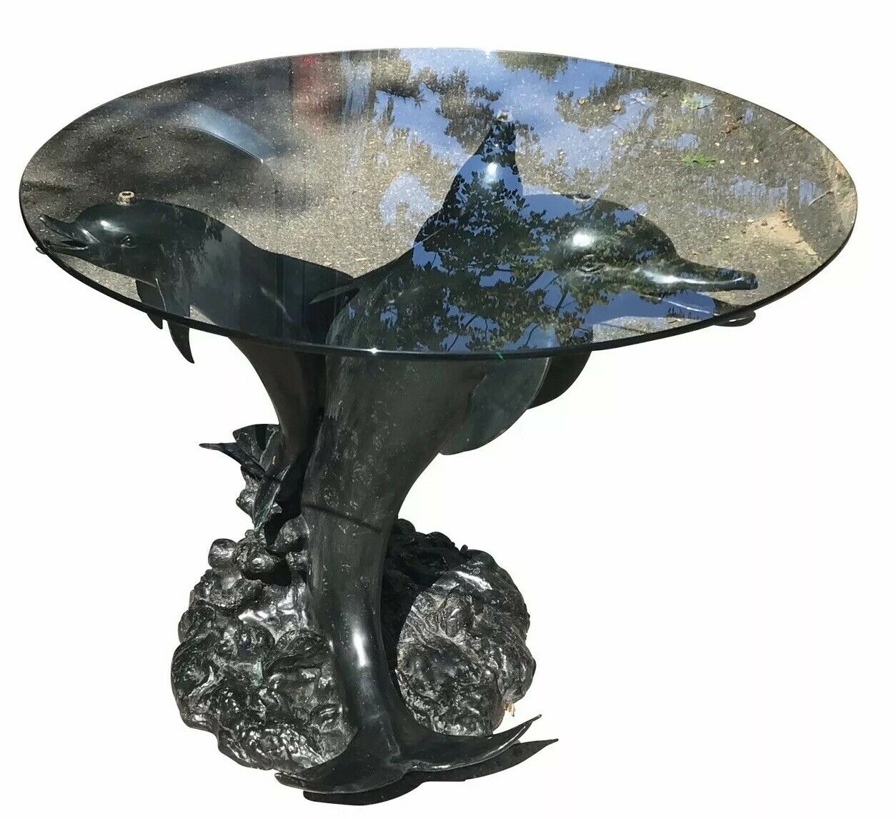 20TH C MAX TURNER GLASS TOP BRONZE MONUMENTAL NAUTICAL THREE DOLPHIN TABLE