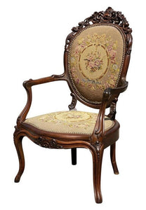 19TH C ANTIQUE VICTORIAN ARMCHAIR W/ CARVED CREST & NEEDLEPOINT SEAT
