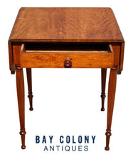 Load image into Gallery viewer, 19TH C ANTIQUE FEDERAL PERIOD CURLY CHERRY DROP LEAF WORK TABLE / NIGHTSTAND