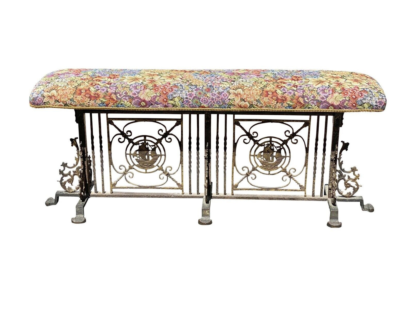 Arts & Crafts Wrought Iron & Bronze Window Bench With Nautical Ships- Oscar Bach