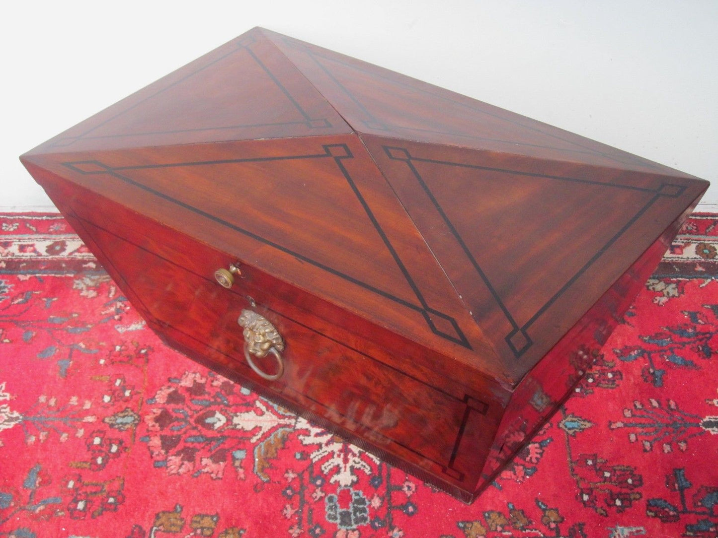 GEORGE III PERIOD MAHOGANY EBONY INLAID SARCOPHAGUS FORMED CELLARETTE