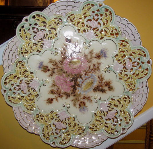 OUTSTANDING ZSOLNAY 16" RETICULATED FLORAL LUSTER PAINTED CHARGER-THE VERY BEST!