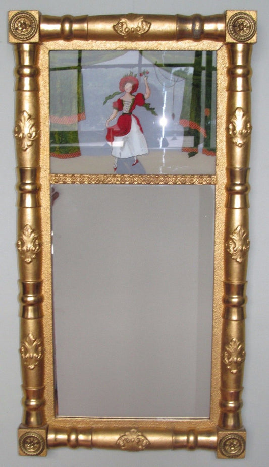 SHERATON PERIOD REVERSE GLASS PAINTED TWO PART MIRROR POWERFUL GOLD GILT FRAME