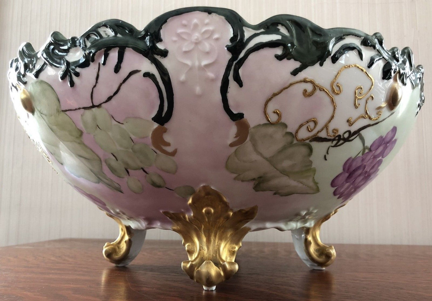 LIMOGES PUNCH BOWL ON GOLD GILT FOLIATE TRI POD FOOTED BASE