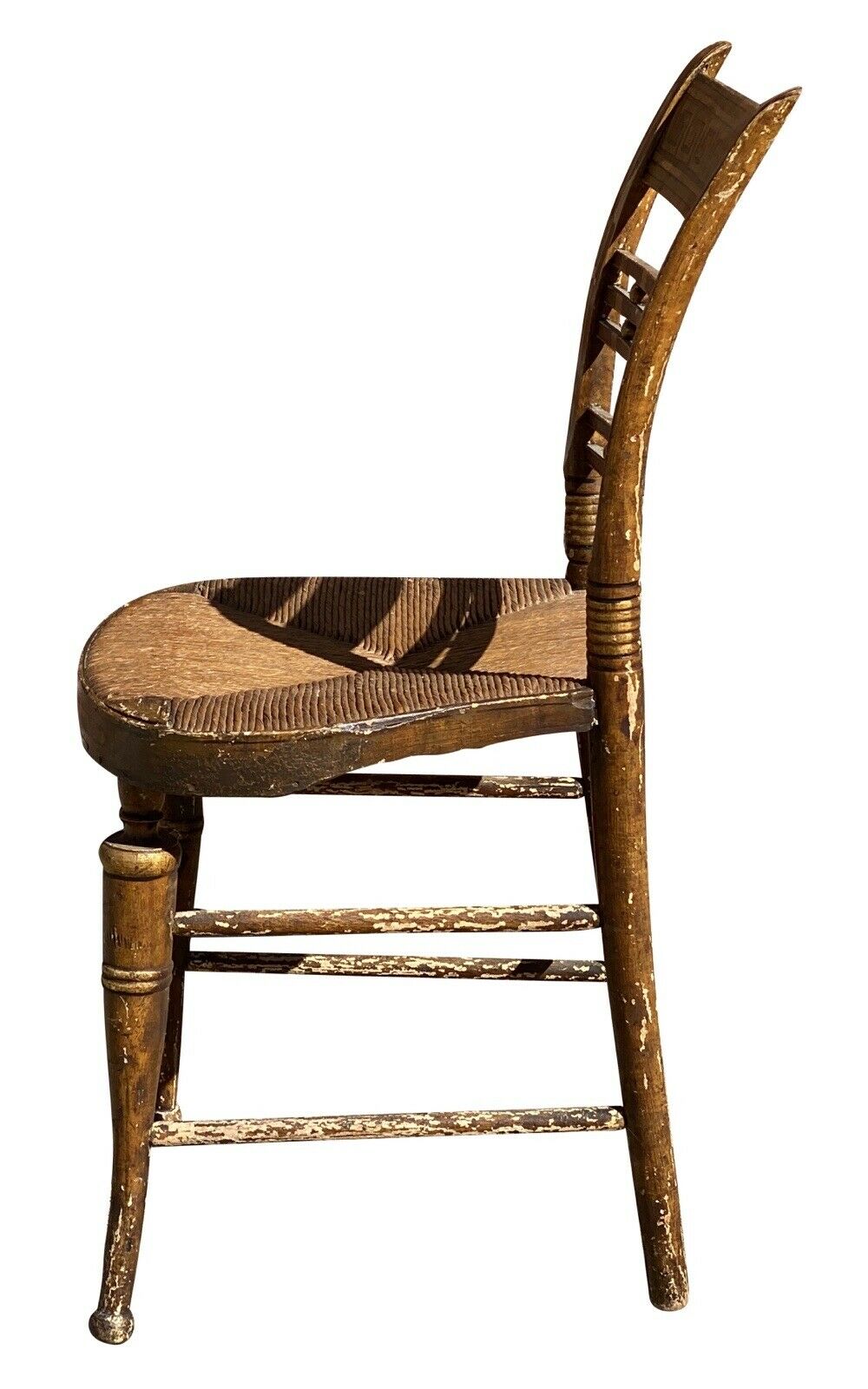 19th C Antique Sheraton Fancy Paint Thumb Back Chair W/ Rush Seat & Greek Key