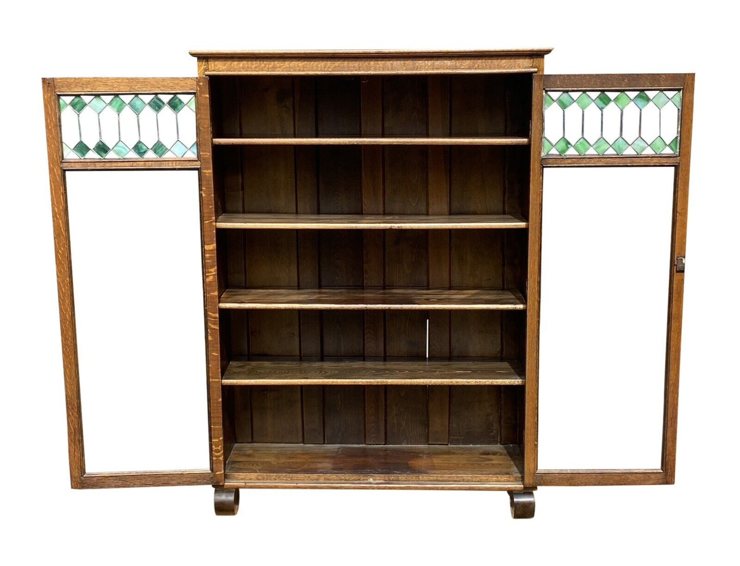 Antique Tiger Oak Larkin Bookcase / China Cabinet With Green Slag Glass Doors