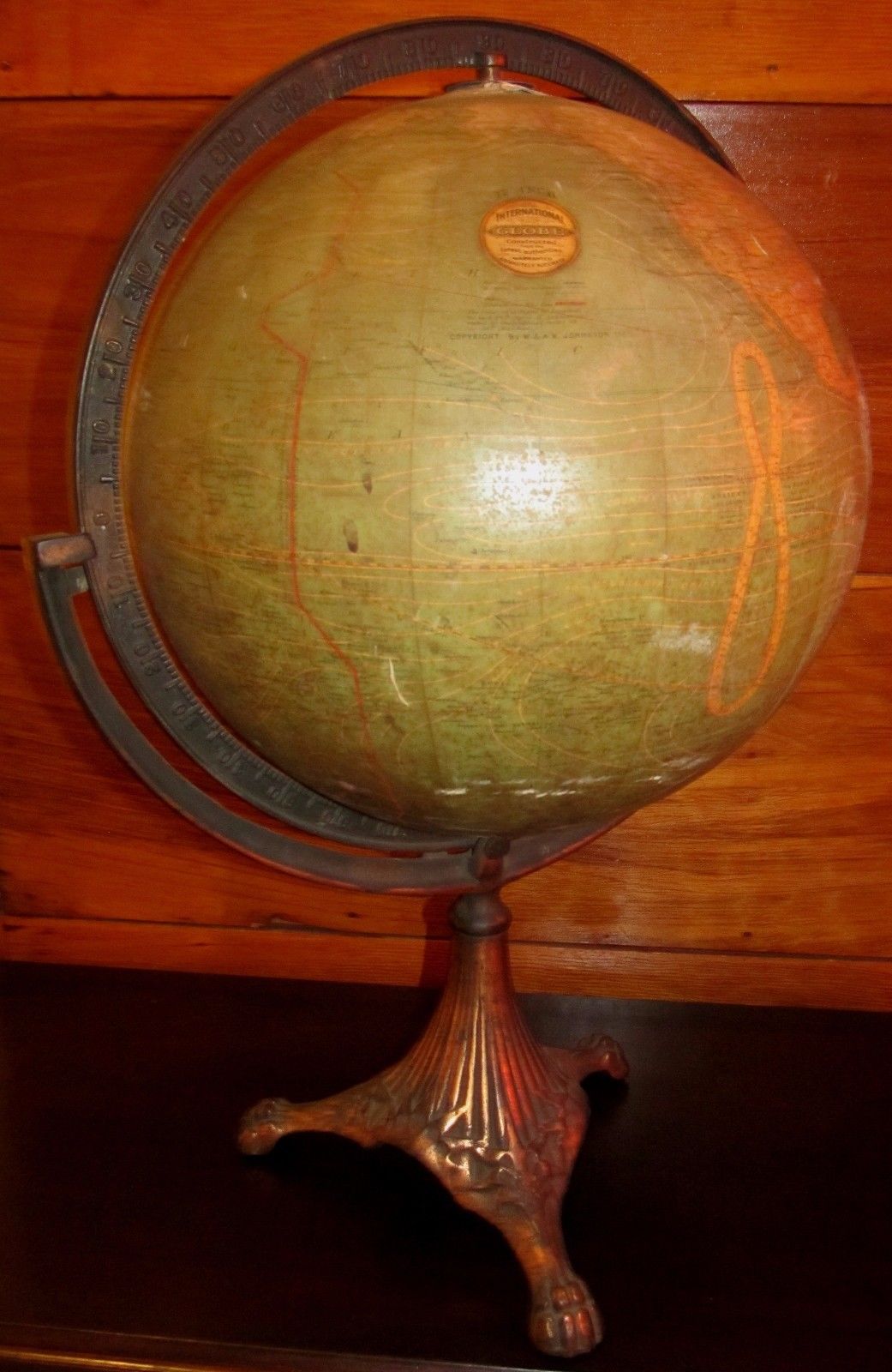 RARE 19TH CENTURY W & AK JOHNSON TERRESTRIAL GLOBE ON BRASS STAND