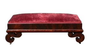 19th C Antique American Empire Mahogany Vanity Bench W/ Red Velvet Seat