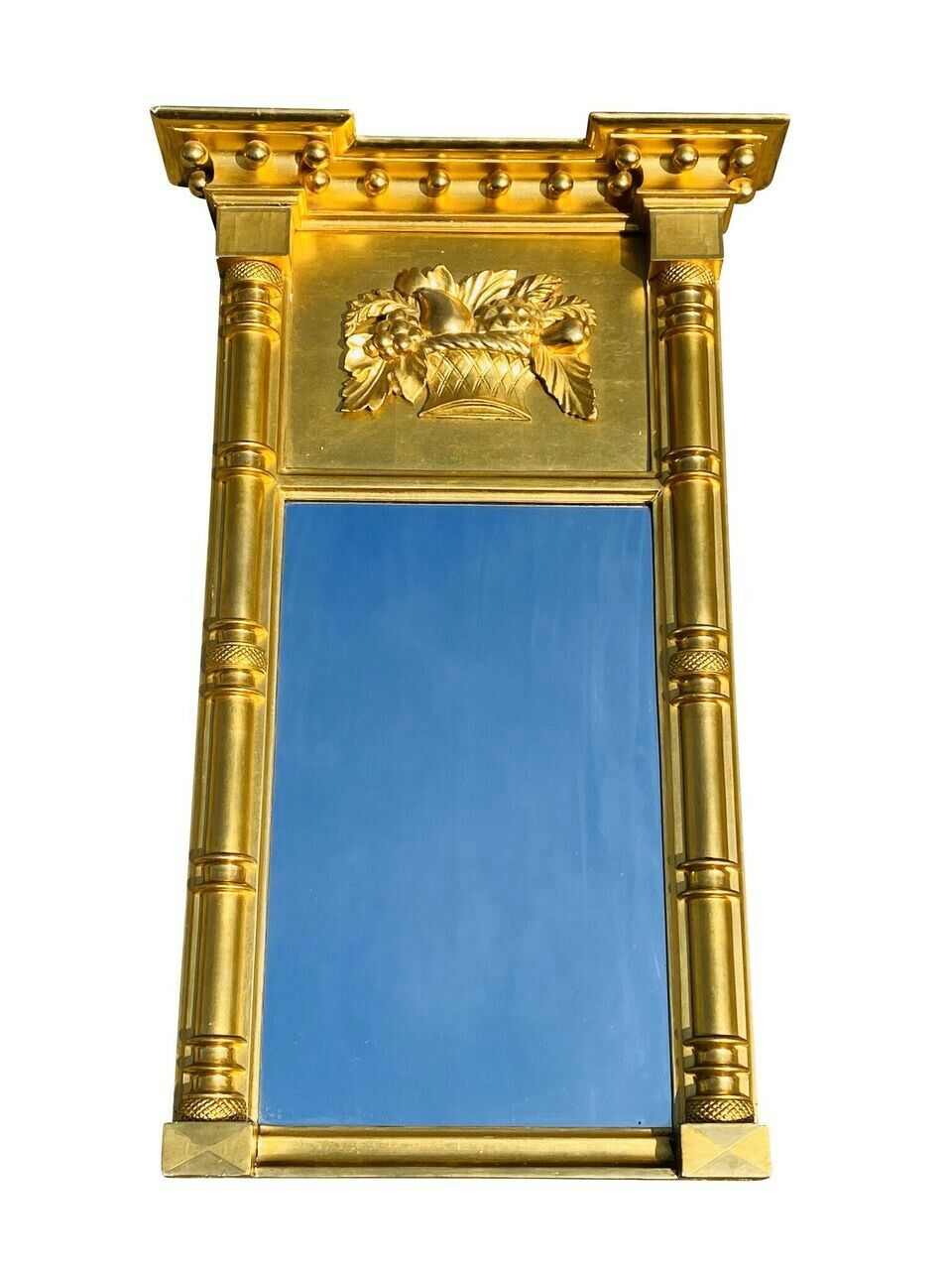 19TH C ANTIQUE FEDERAL PERIOD BASKET OF PLENTY CARVED GILT TABERNACLE MIRROR