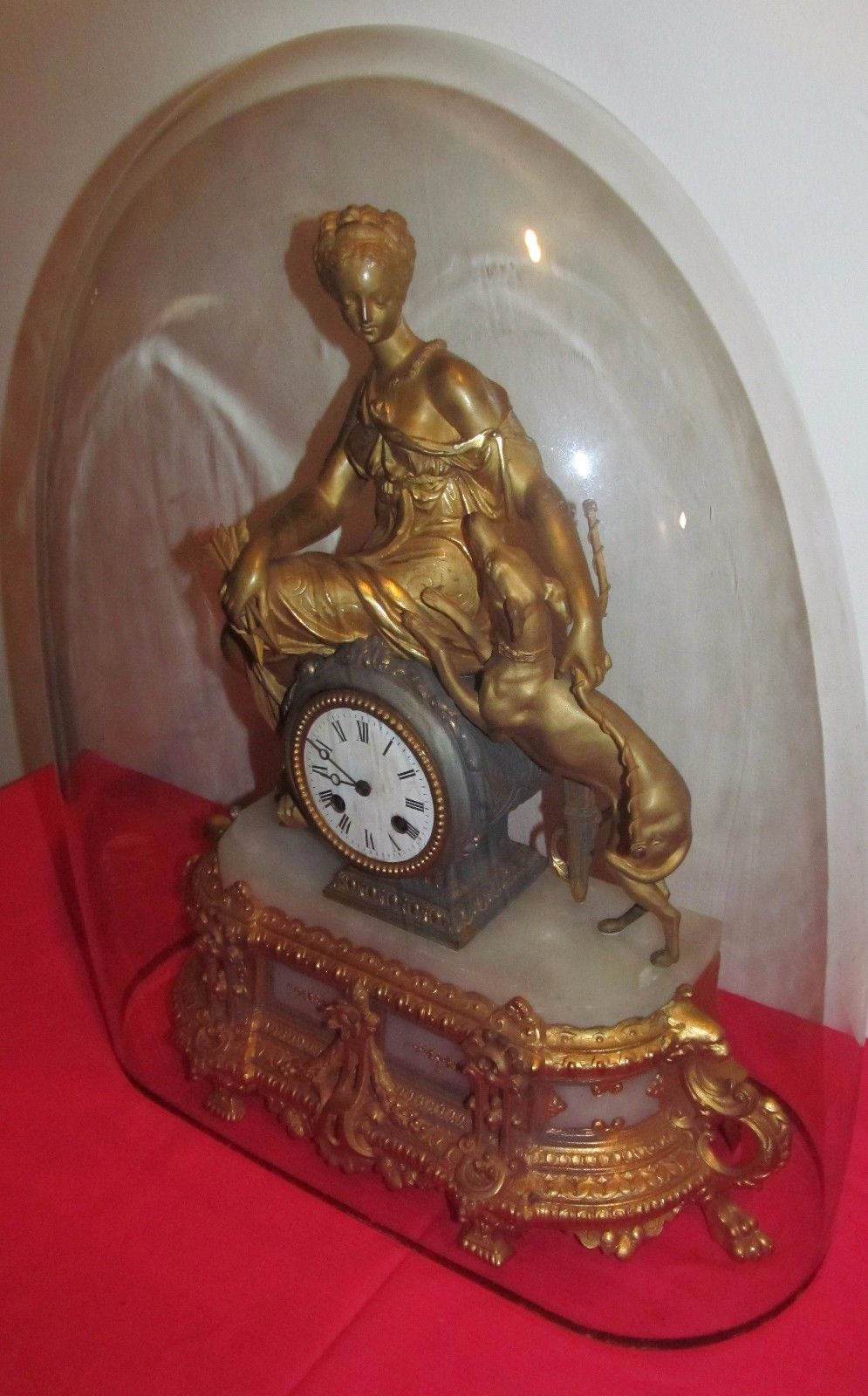 ANTIQUE HIGHLY GOLD GILT FRENCH CLOCK DEPICTING MAIDEN WITH WHIPPET - GLASS DOME