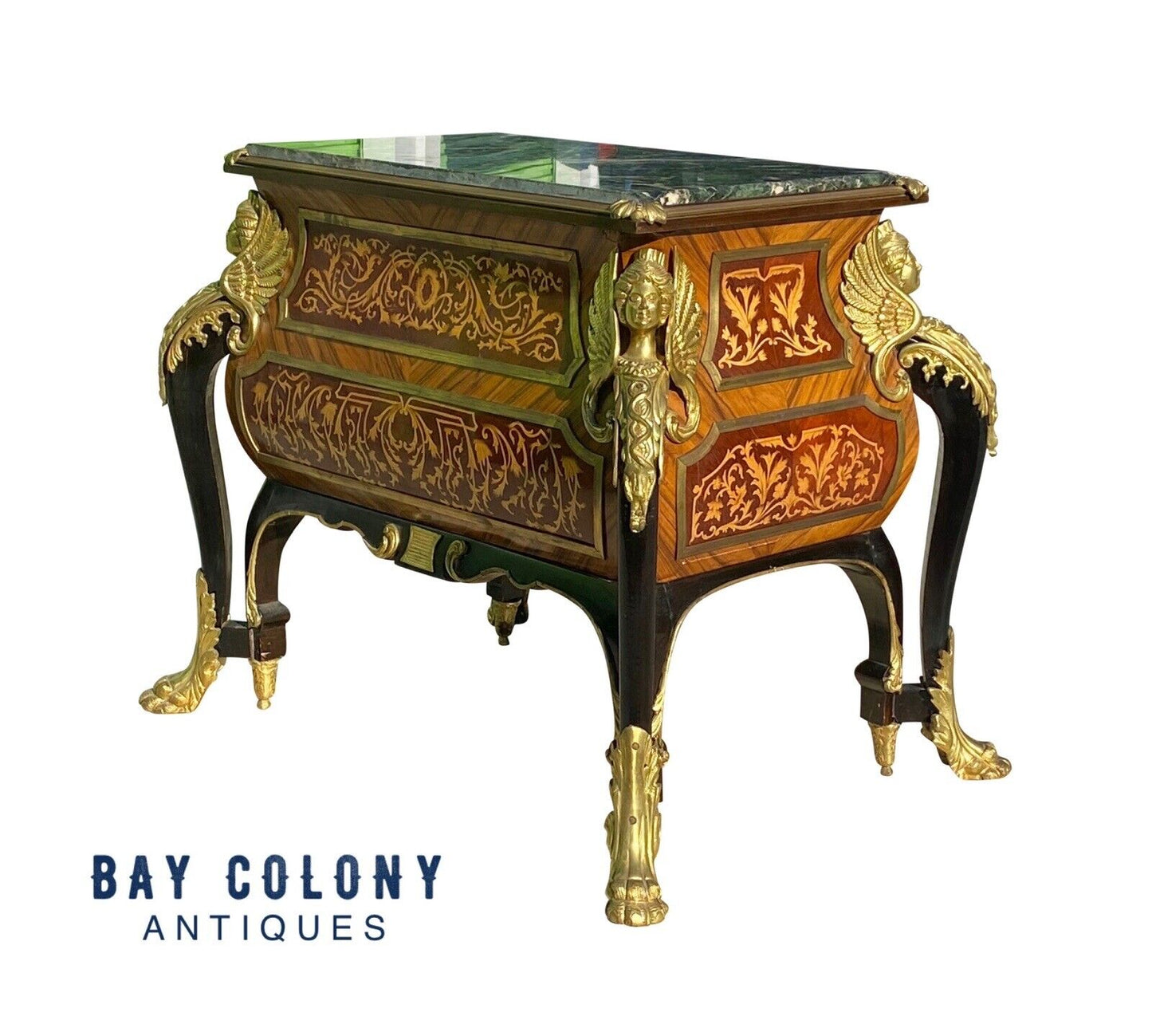 French Louis Xiv Style Walnut Marble Top Bombe Commode With Fire Gilded Accents