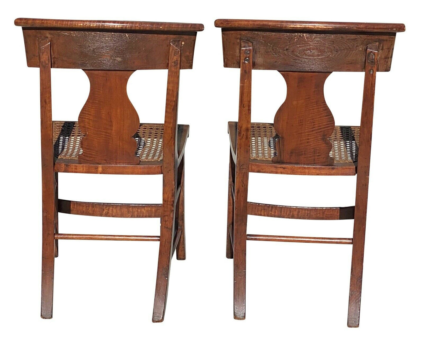 19th C Antique Pair of Tiger Maple & Birds Eye Maple Sabre Leg Dining Chairs