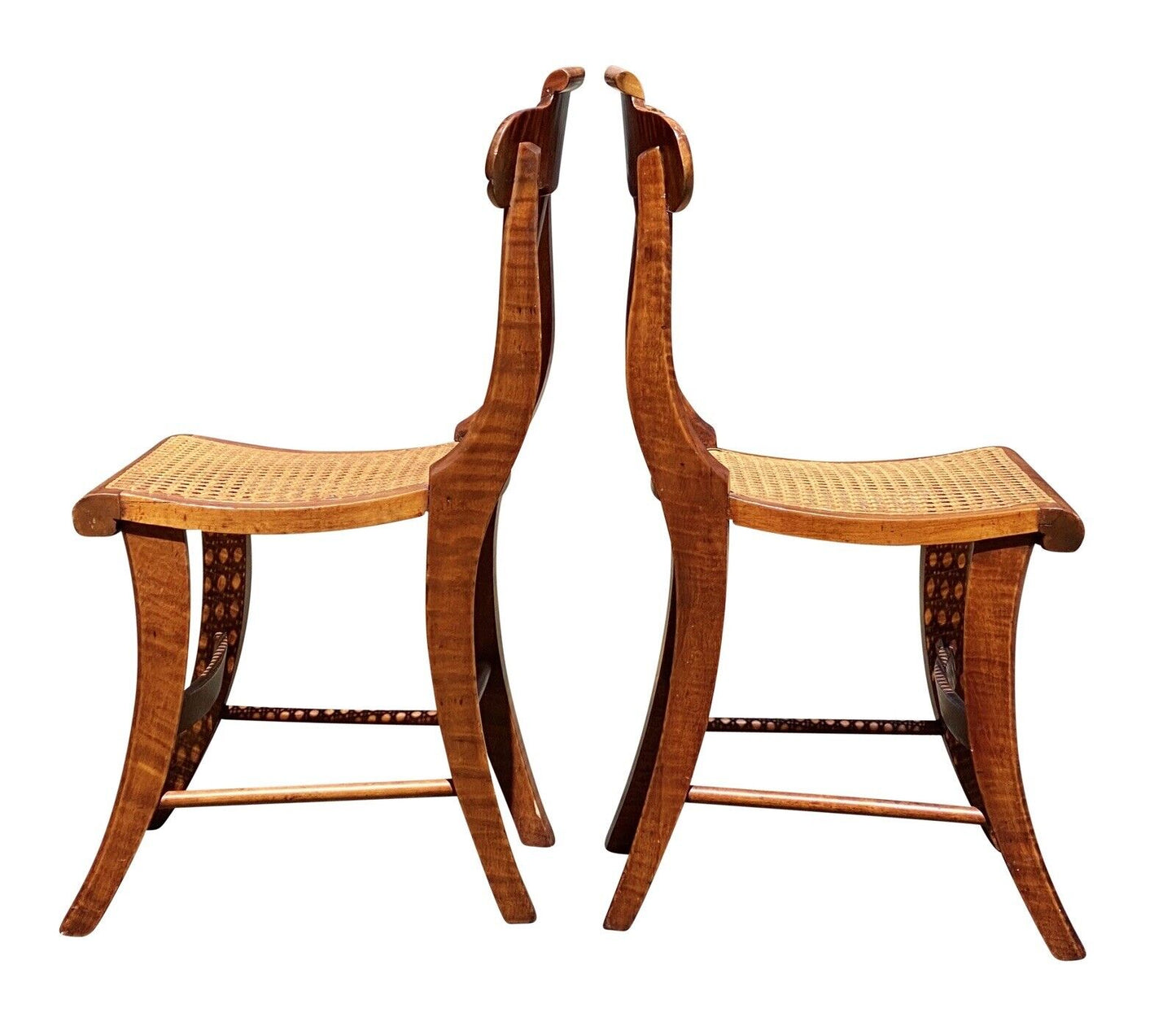 19TH C PAIR OF ANTIQUE FEDERAL PERIOD TIGER MAPLE SABER LEG CHAIRS - CURLY MAPLE