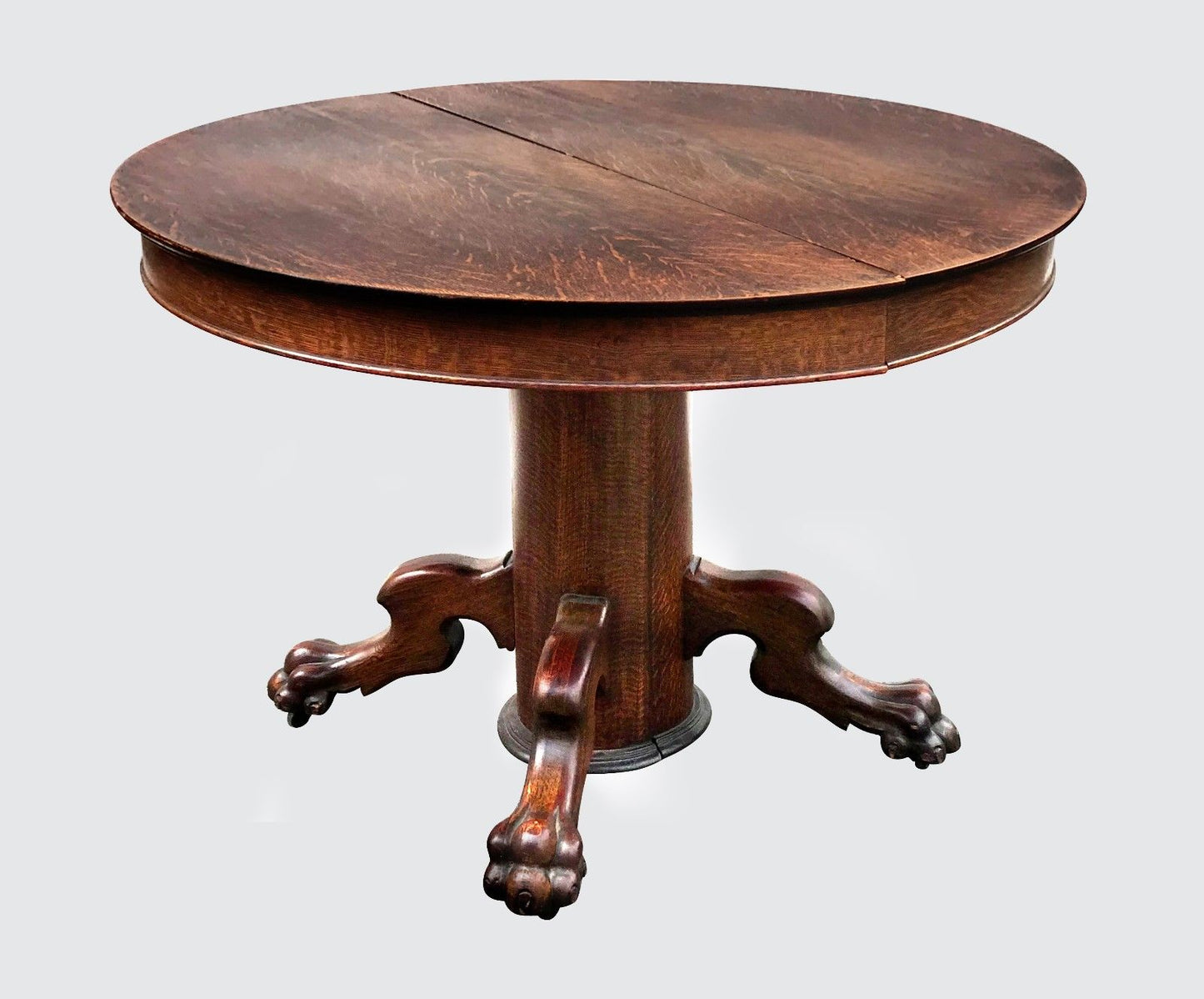 VICTORIAN TIGER OAK DINING TABLE WITH LION PAW BASE & 3 LEAVES-POSSIBLY HASTINGS