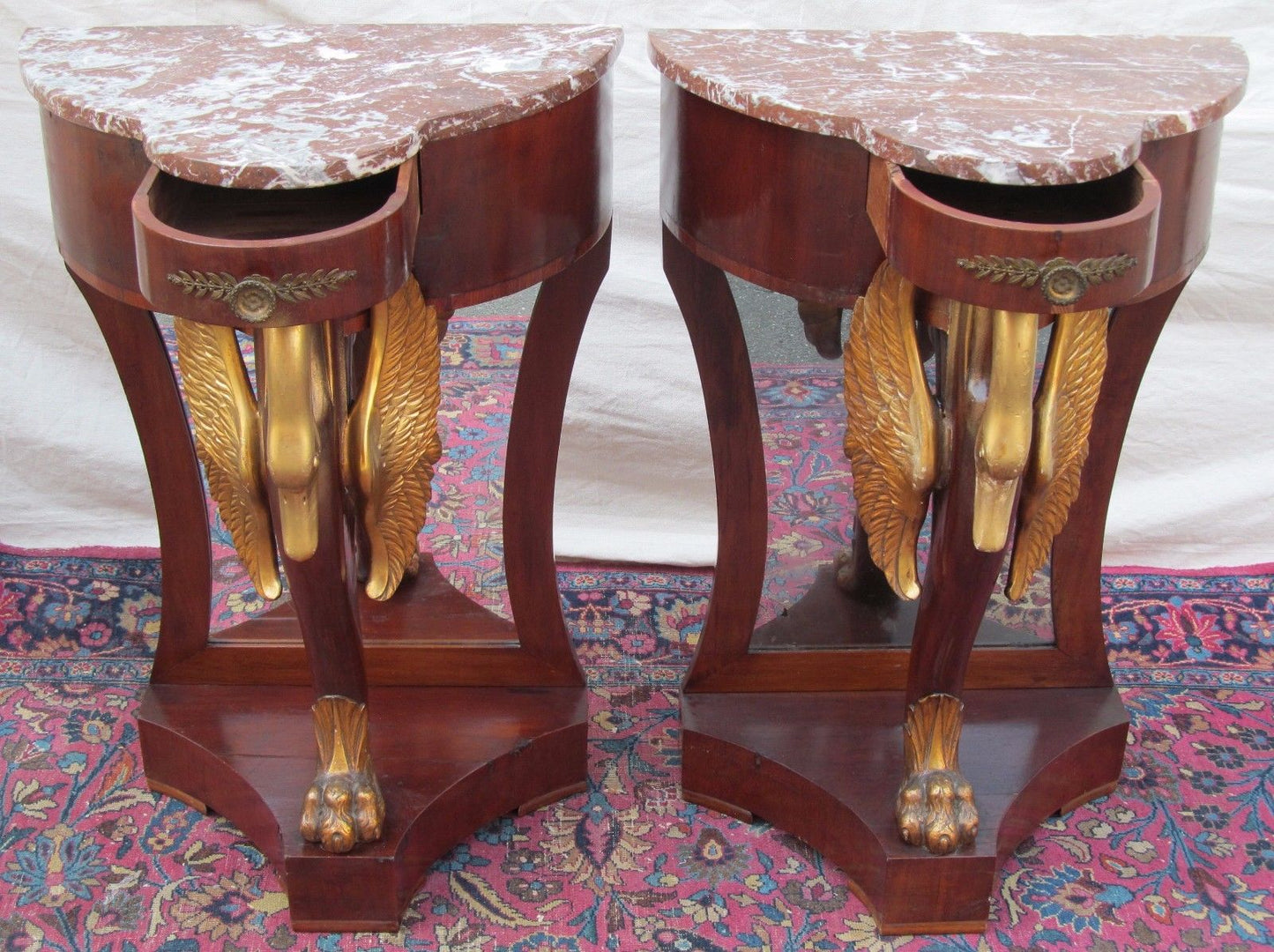 PAIR OF FRENCH NAPOLEONIC STYLED MARBLE TOP NIGHTSTANDS WITH GOLD FIGURAL SWANS