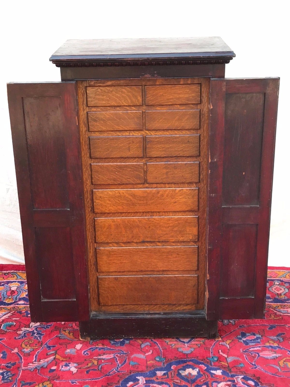 VICTORIAN RAISED PANEL OAK & PINE APOTHECARY CABINET WITH EGG & DART MOLDINGS