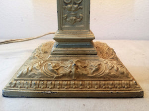 ART NOUVEAU BOUDIOR LAMP WITH CARAMEL SLAG PANEL SHADE