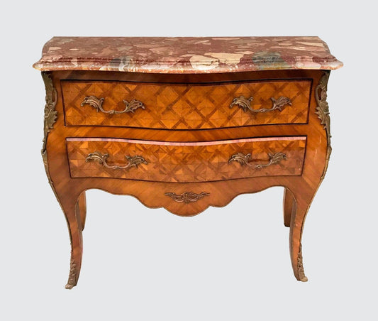 FRENCH LOUIS XV STYLED MARBLED TOPPED BOMBE FORMED DRESSER CONSOLE